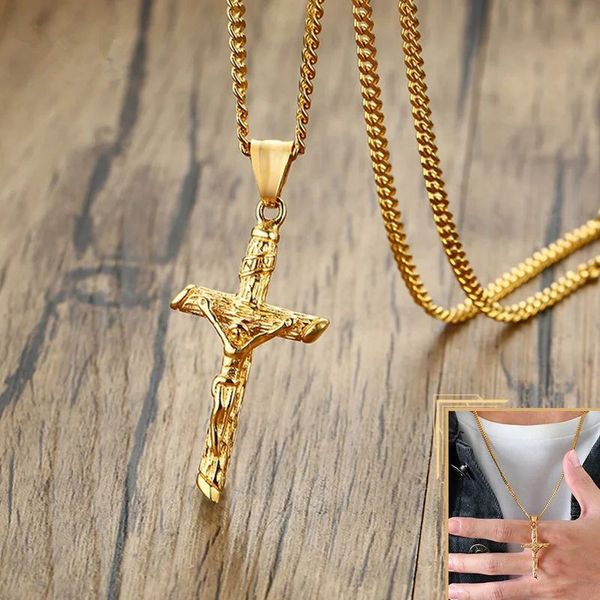 Cross necklace for both genders, Catholic Jesus pendant, 14K gold unisex chain, religious prayer jewelry