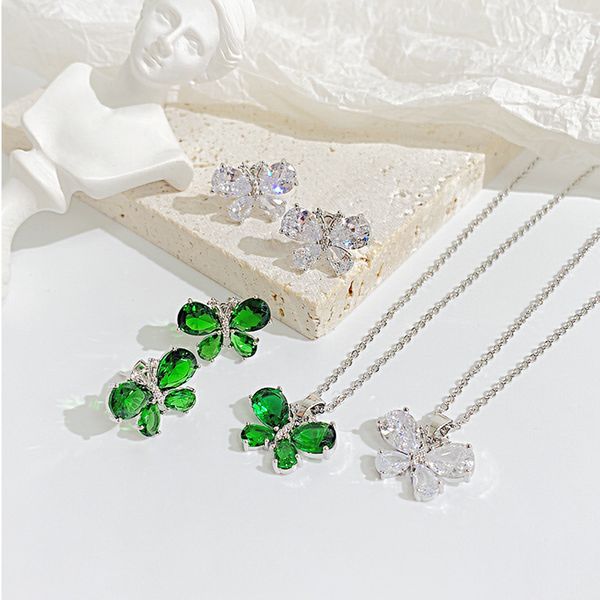 Crystal butterfly pendant earrings and necklace set in gold-plated titanium steel, a stylish clavicle chain gift for women