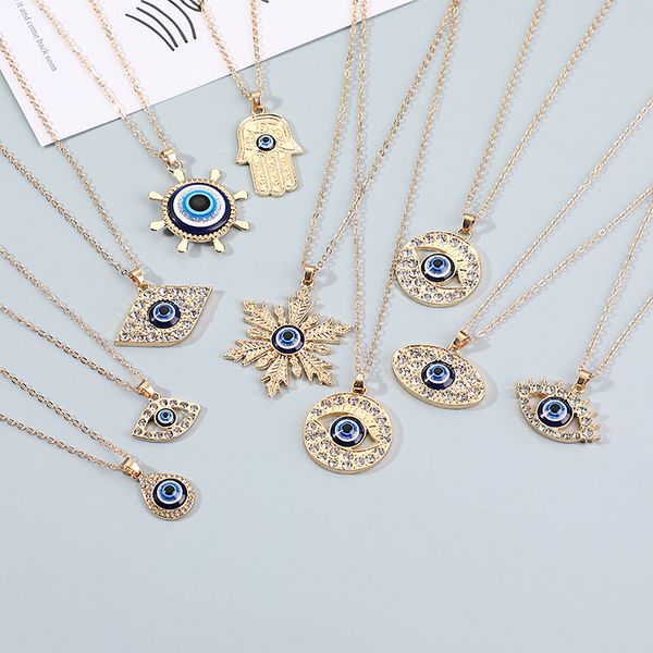 Crystal Hand Hamsa Evil Eye Necklace For WomenTurkish Blue Eye Sweater Clavicle Chain Jewelry