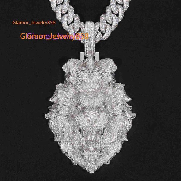 Custom 3D lion head pendant with diamond and moissanite, a stylish hip hop necklace in 925 silver, featuring iced-out design
