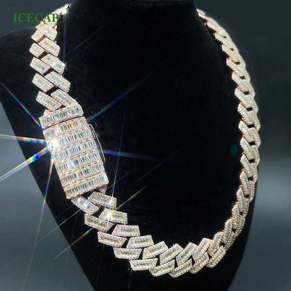 Custom Hip Hop Jewelry featuring a 10k gold plated Cuban chain with full baguette cut white VVS moissanite stones that pass diamond tests
