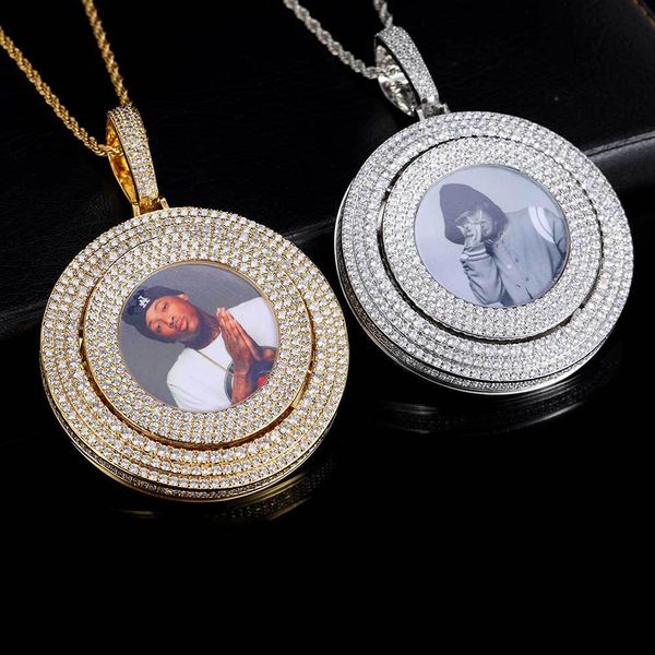 Customizable rotating photo pendant necklace with zircon accents, a romantic gift for couples