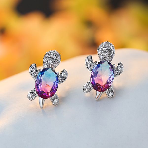 Cute white gold-plated gemstone turtle earrings for women, a stylish gift