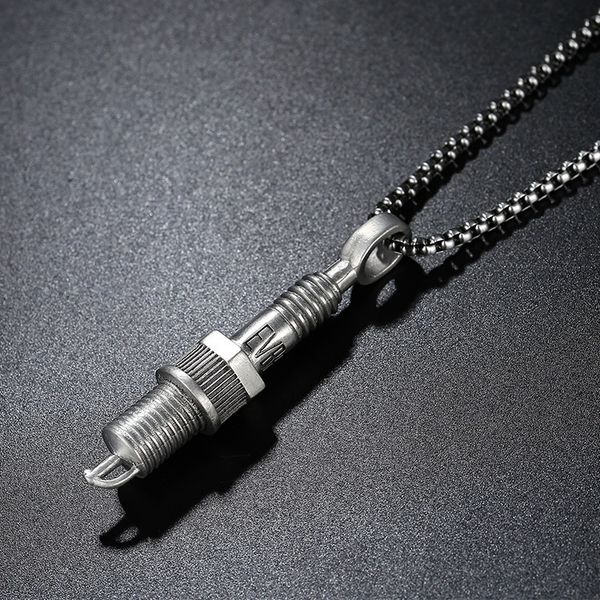 Cyberpunk-inspired stainless steel men's hip hop necklace with a spark plug pendant design