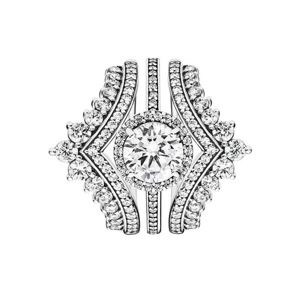 CZ Diamond Wedding Ring Set in Real Sterling Silver with Original Pandora Princess Wishbone Box - 3-in-1 Engagement Jewelry for Women and Girls