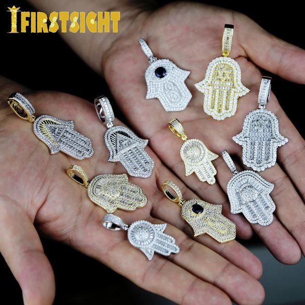 CZ Eyes Of The Angel Of Fatima Pendant Necklace featuring iced-out cubic zirconia and a Hamsa hand charm for stylish unisex jewelry
