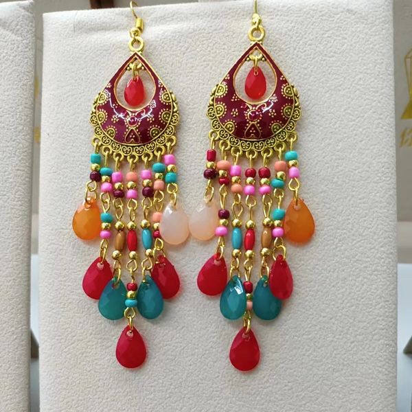 Dangle Chandelier Bohemian Long Colorful Tassel Beads Water Drop Earrings For Women Vintage Gold Color Glaze Pendientes Mujer 231219