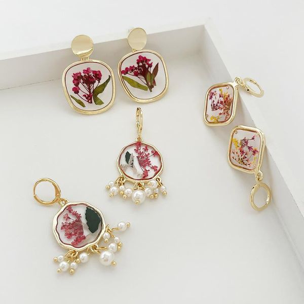 Dangle & Chandelier Bohemian Red Dried Floral Resin Drop Earrings with Pressed Pearl Tassels for Summer Beach Wear
