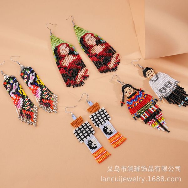 Dangle Chandelier Earrings with Hand-Knit Rice Beads in Bohemian Egyptian Pharaoh Style, Featuring Alloy Fringe and Geometric Design