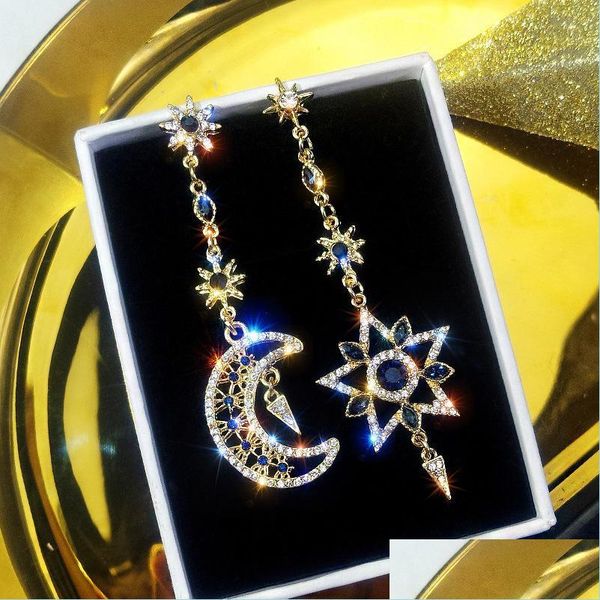 Dangling Korean-style chandelier earrings with asymmetrical rhinestone designs, elegant long drop for women 2021