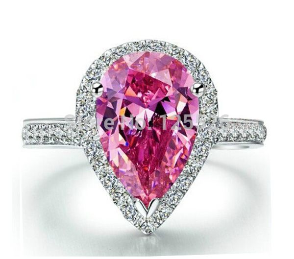 Dazzling pear-cut pink 5A zircon stone set in a 925 sterling silver engagement or wedding ring, available in sizes 5-11 with free shipping and a complimentary gift