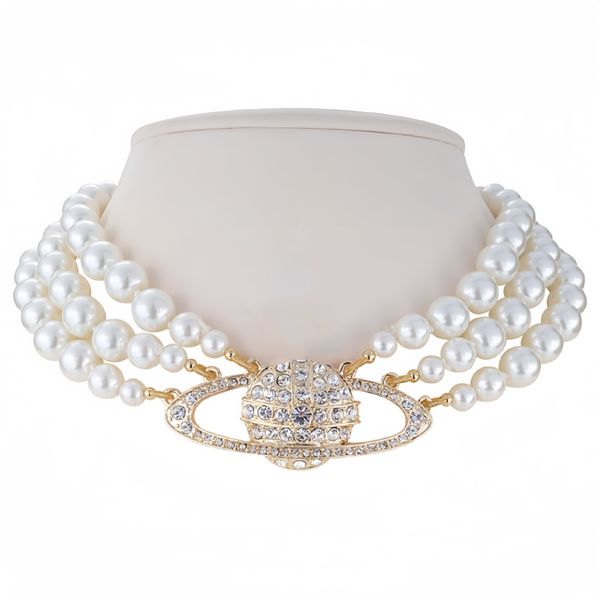 Designer brand women's elegant multi-layer pearl and diamond choker necklace for parties