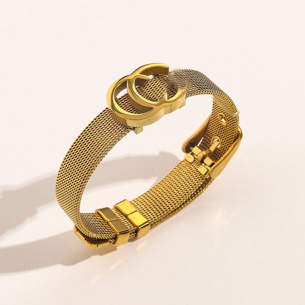 Designer charm bracelet for women, stylish stainless steel bangle with 18K gold plating, elegant cuff wristband