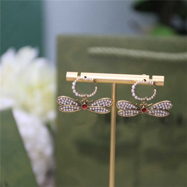Designer Double Letter Pearl Bee Charm Earrings for Women with Diamond Studs and Colorful Rhinestone Drops, Stamped Gift Box Included