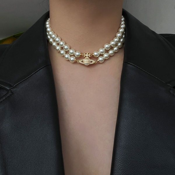 Designer pearl choker with double-layer Saturn clasp, elegant collarbone chain jewelry for 2024