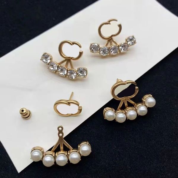 Designer stud earrings featuring crystal pearls, luxurious charm, geometric 925 silver, and famous letter designs with rhinestones for women's weddings and parties