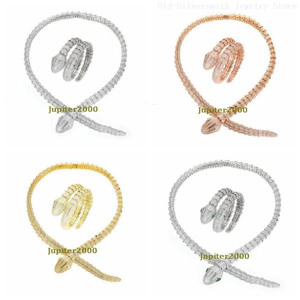 Designer Thick Necklace and Bracelet Set for Dinner Parties, Gold-Plated Snake Serpent Choker with Diamond Accents