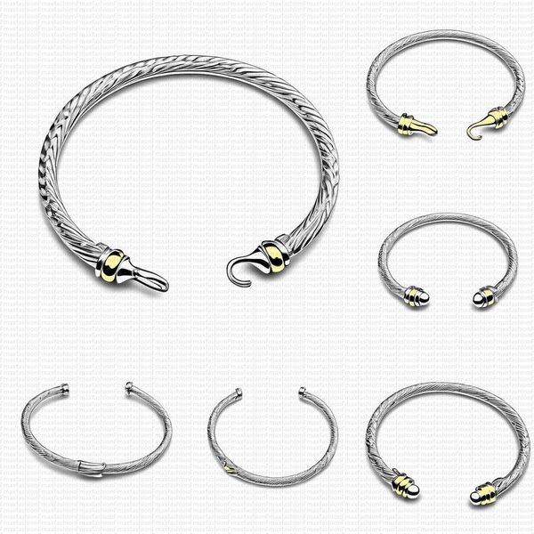 designer wire bracelets in gold and silver with pearl and cross details, stylish open cuff bangles for women and men