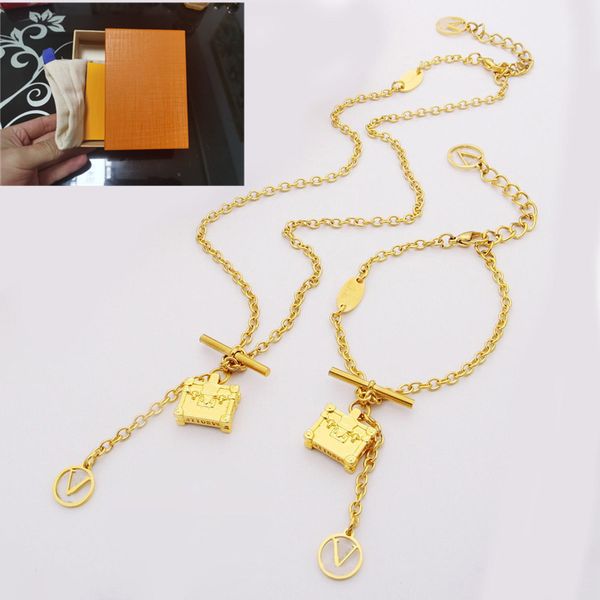 Designer's petite malle bag pendant necklace set for women, stylish stainless steel jewelry for lovers