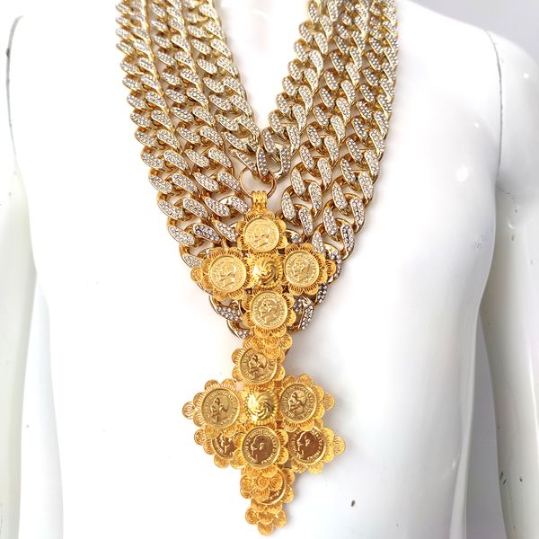 DIY Unique Large Chain Ring Copper Plated Coin Cross Pendant Necklace, 700mm-900mm Length, Gold Acrylic Jewelry for African Habesha Ethiopian/Eritrean Style