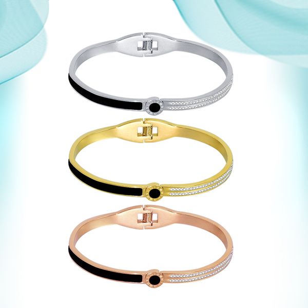 Double-row diamond bangle with black Roman numerals and mud stone, stylish stainless steel or titanium bracelet for parties