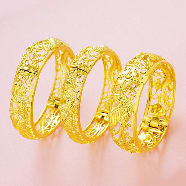 Dragon Phoenix Bangle Bracelet for Women - 18K Gold Filled Dubai Fashion Jewelry, Perfect for Weddings & Daily Wear, Available in 14mm/16mm/20mm Sizes