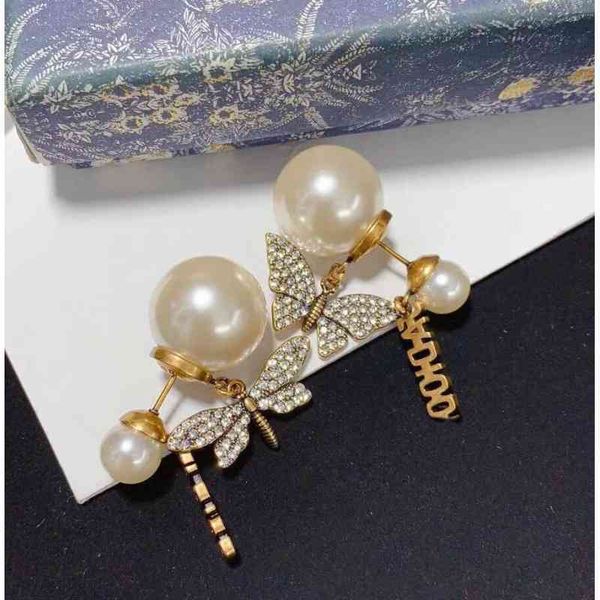 Earrings Charm Studdijia Diamond Butterfly Dragonfly Asymmetric Pearl Letter Dual Purpose Wearing Female 925 Silver Needle