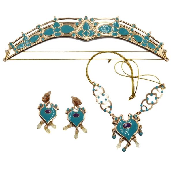 Earrings & Necklace Women Jasmine Royal Crown Headband Pendant Jewelry Set Teal Dress Up Princess Adults Kids Costume Kit