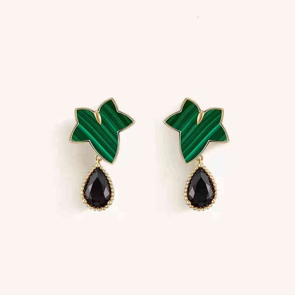 Earrings with a water drop pendant design featuring ivy and malachite, crafted in gold-plated copper and S925 silver with a needle clasp