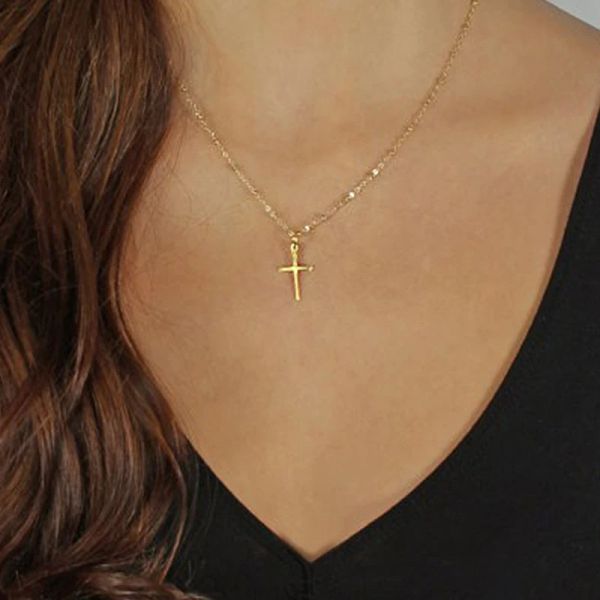 Elegant 14k gold retro Jesus cross pendant necklace for women, a stylish Christian jewelry piece perfect for New Year