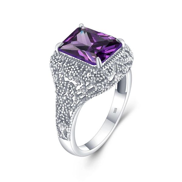 Elegant 925 sterling silver amethyst ring with a vibrant purple rectangular stone, a stylish luxury jewelry piece for women