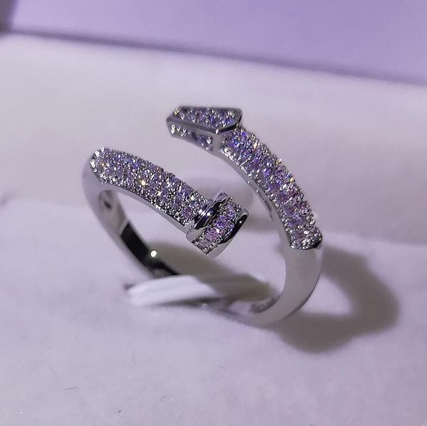 Elegant 925 sterling silver open ring with pave white sapphires for women, adjustable for weddings