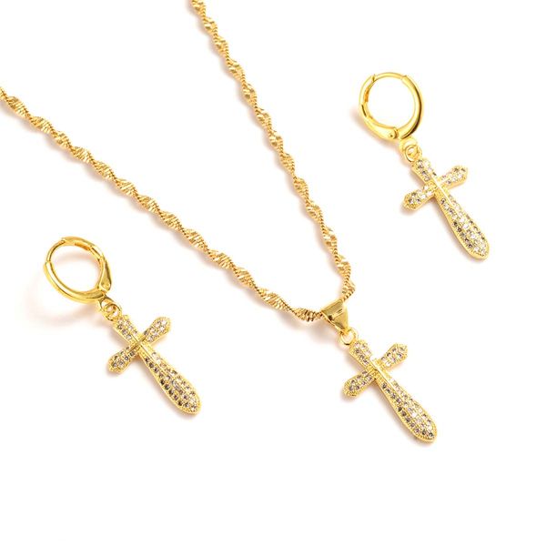 Elegant African jewelry set featuring 18K yellow gold-plated earrings and pendant with white inlaid crystal CZ cross, perfect for women and girls