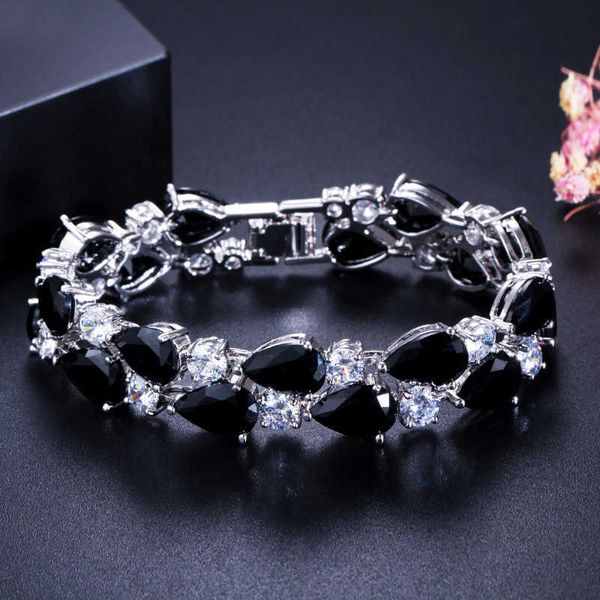 Elegant black cubic zirconia crystal wide link bracelet for women, perfect for weddings, engagements, and parties