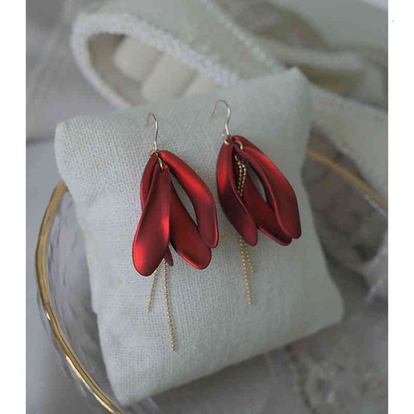 Elegant Chinese-style 925 silver floral earrings with red petals and Korean-inspired charm