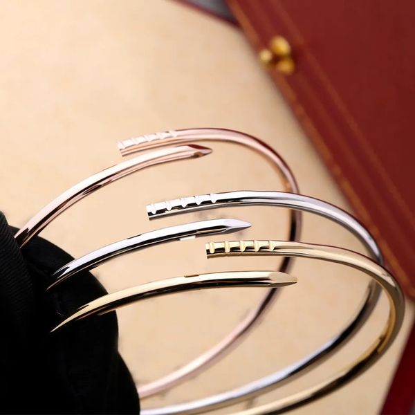 Elegant designer bracelet with 3mm slim nail, stylish cuff bangle in gold titanium steel, perfect Valentine's gift for couples