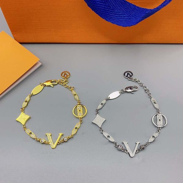 Elegant fashion bangle bracelet for men and women, featuring stone chain and special letter design, available in silver or gold with a gift box
