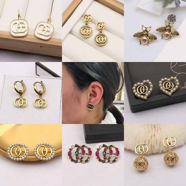 Elegant geometric letter stud earrings in gold or silver, featuring round crystals, rhinestones, and pearls, perfect for weddings and parties