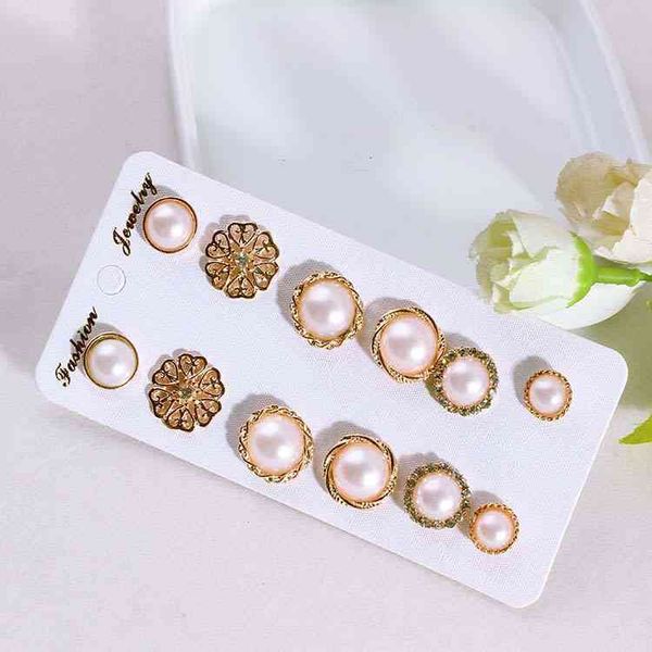 Elegant gold pearl ear studs with diamond accents, a stylish 6-piece set for women