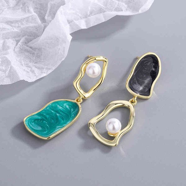 Elegant Korean-inspired pearl drop earrings with asymmetrical geometric design in S925 sterling silver
