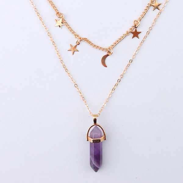 Elegant multilayer hexagon prism pendant necklace with natural stone, featuring a high-quality gold chain and celestial star-moon design for women