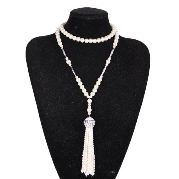Elegant pearl necklace with long tassel design, perfect for weddings and bridal jewelry, inspired by The Great Gatsby