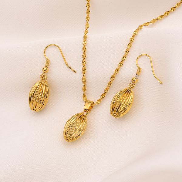 Elegant pendant earrings with an oval-shaped finely crafted bead, featuring a 9K yellow gold chain, made in Korea