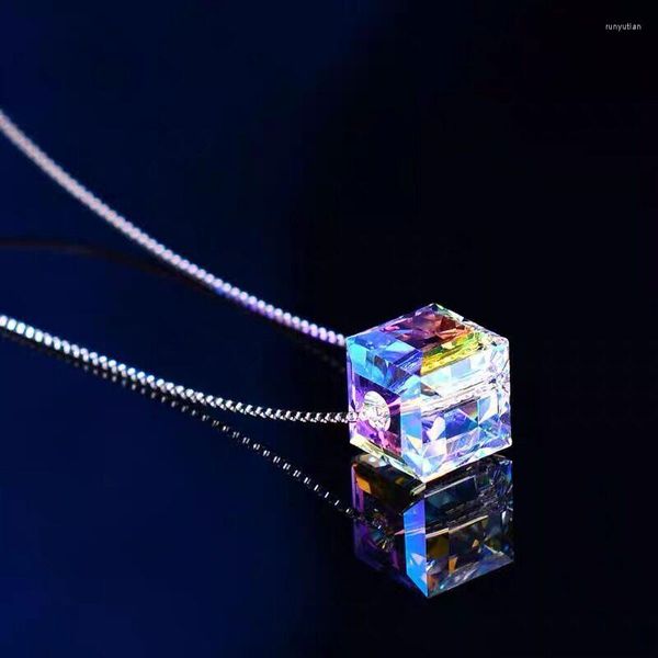 Elegant pendant necklace featuring colorful 3D square design with silvery finish, a luxurious women's accessory