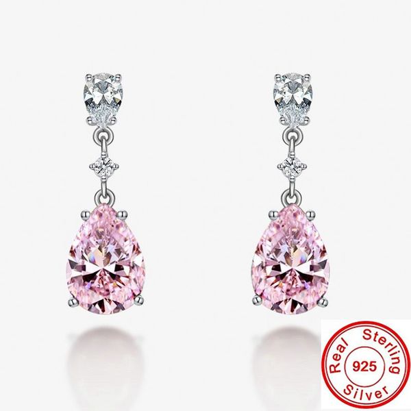 Elegant pink diamond drop earrings in genuine 925 sterling silver, perfect for weddings and special occasions