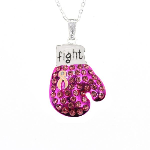 Elegant pink ribbon necklace featuring rhinestone boxing gloves pendant for women