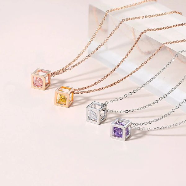 Elegant pink zircon cube choker necklace for women in rose gold, featuring a Korean-style 14K gold pendant