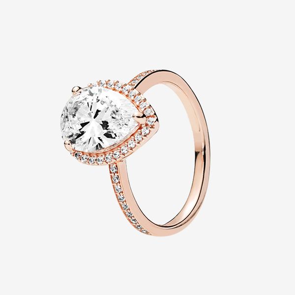 Elegant rose gold plated halo ring with sparkling teardrop design, perfect as a wedding gift, comes in original Pandora box for 925 silver rings