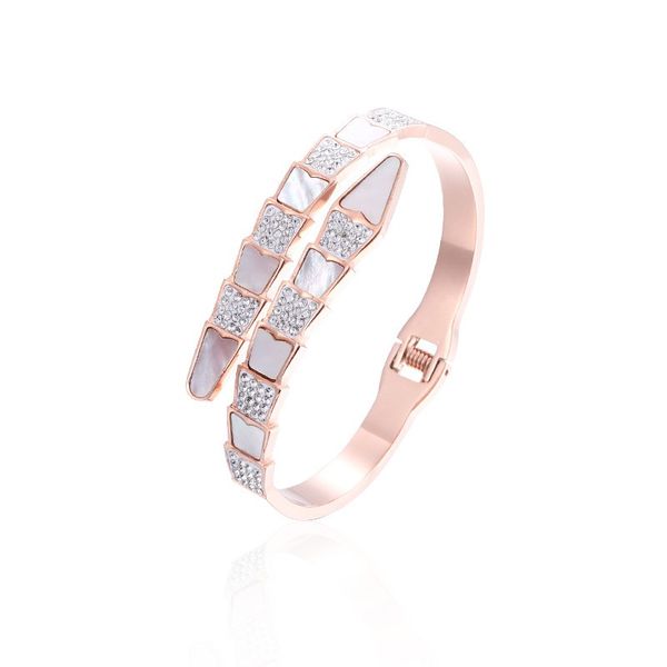 Elegant rose gold snake bangle with full diamond accents and white shell for women