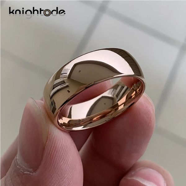 Elegant rose gold tungsten wedding bands for women and men, featuring a polished dome design in 8mm or 6mm widths